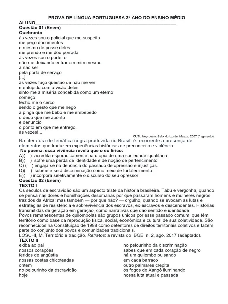 AVALIAÇÃO DE PORTUGUES 3 Ano Prova 2 | PDF | Poesia | África