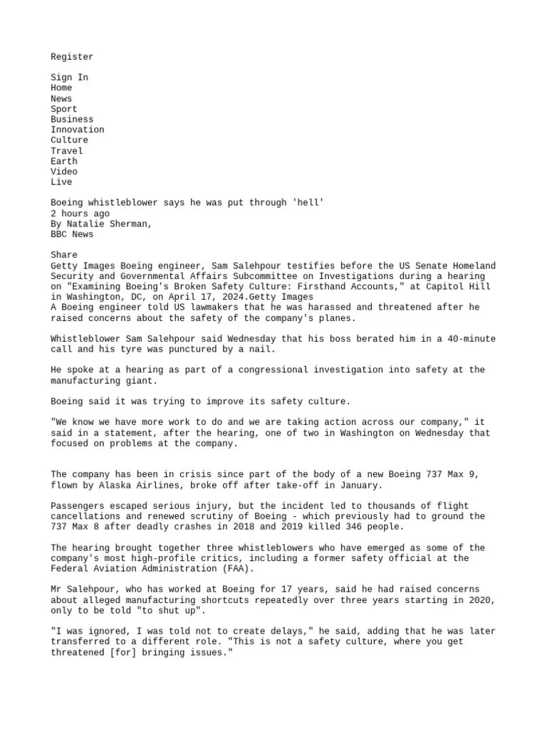 Boeing Whistleblower Says He Was Put Through 'hell' | PDF | Boeing | Federal Aviation Administration