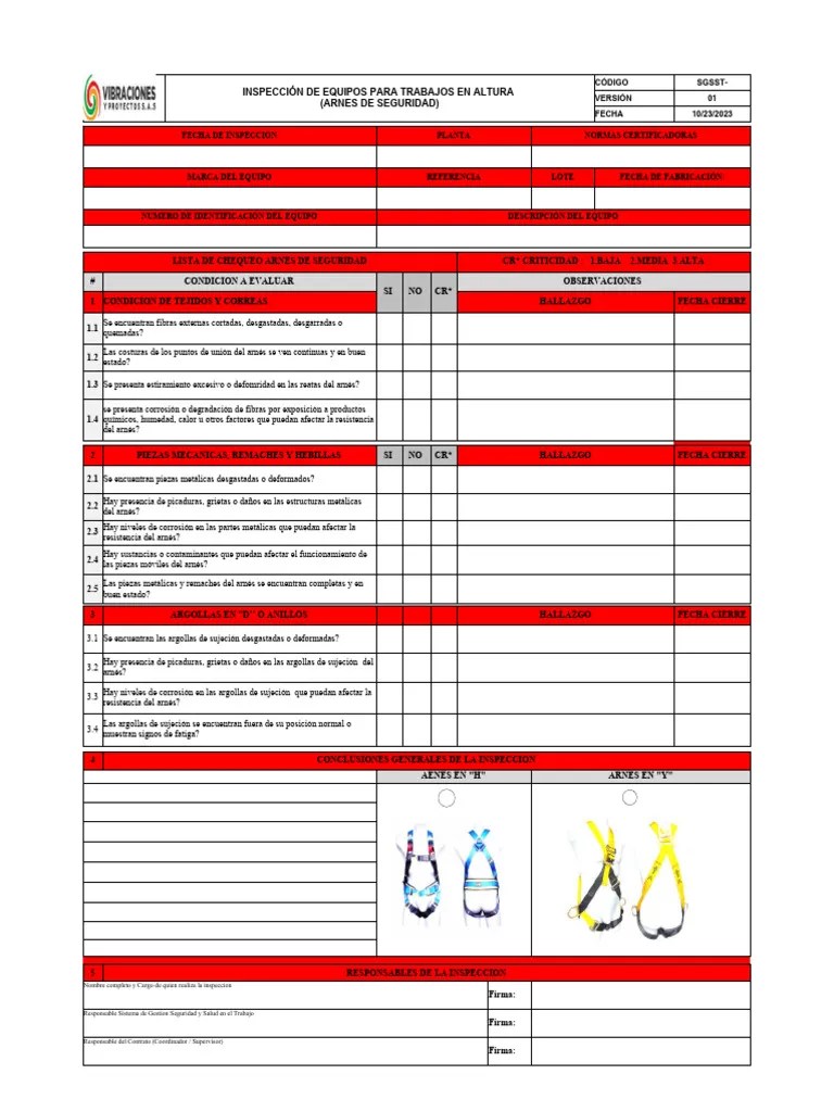 SG-SST INSPECCIÓN DE EQUIPOS PARA TRABAJOS EN ALTURA (ARNES) (2) | PDF ...