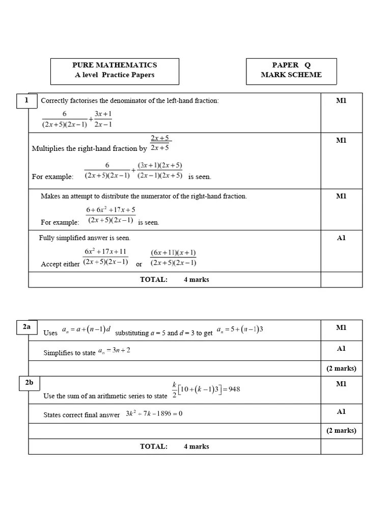 A Level Mathematics Practice Paper Q - Pure Mathematics Mark Scheme ...
