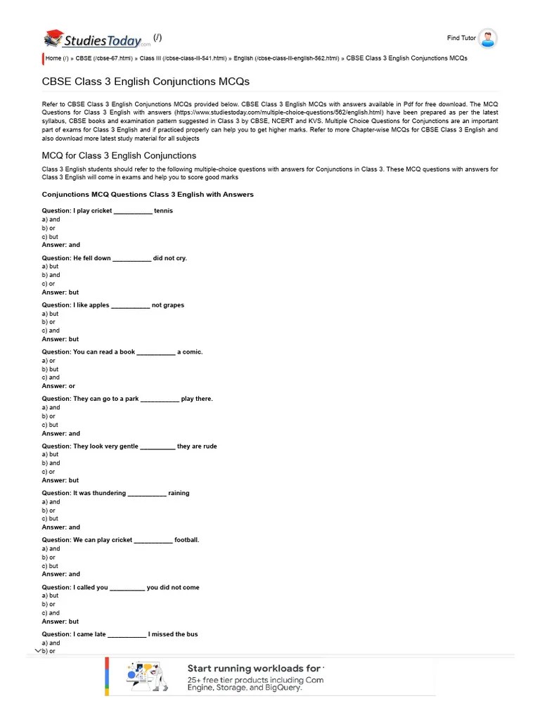 CBSE Class 3 English Conjunctions MCQS, Multiple Choice Questions | PDF | Multiple Choice ...