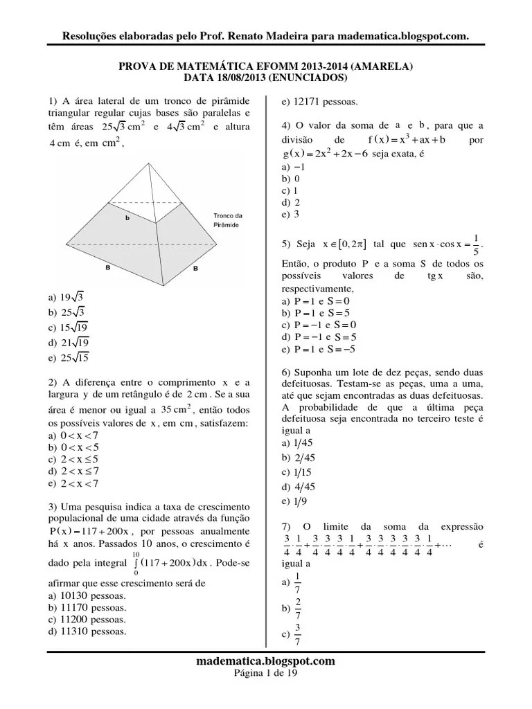 Prova De Matemática Efomm 2013-2014 Resolvida | PDF | Triângulo ...