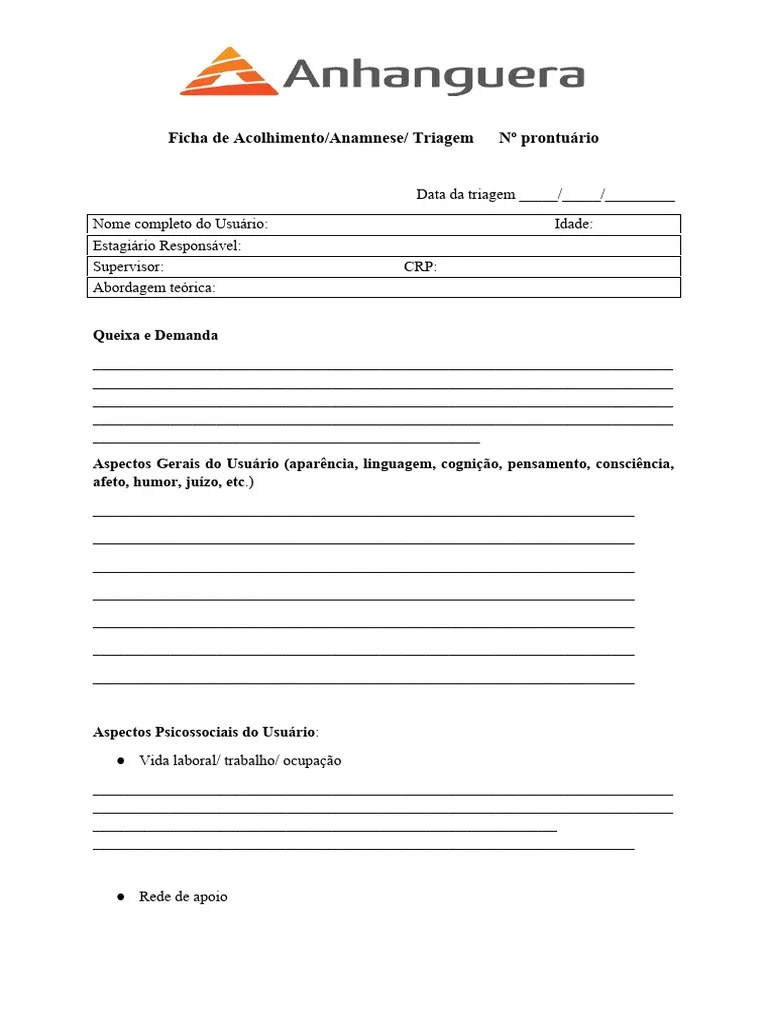 Ficha De Acolhimento Triagem | PDF | Conceitos Psicológicos | Ciências Comportamentais