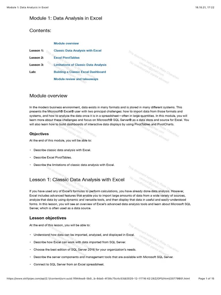 Module 1 - Data Analysis In Excel | PDF | Microsoft Excel | Databases
