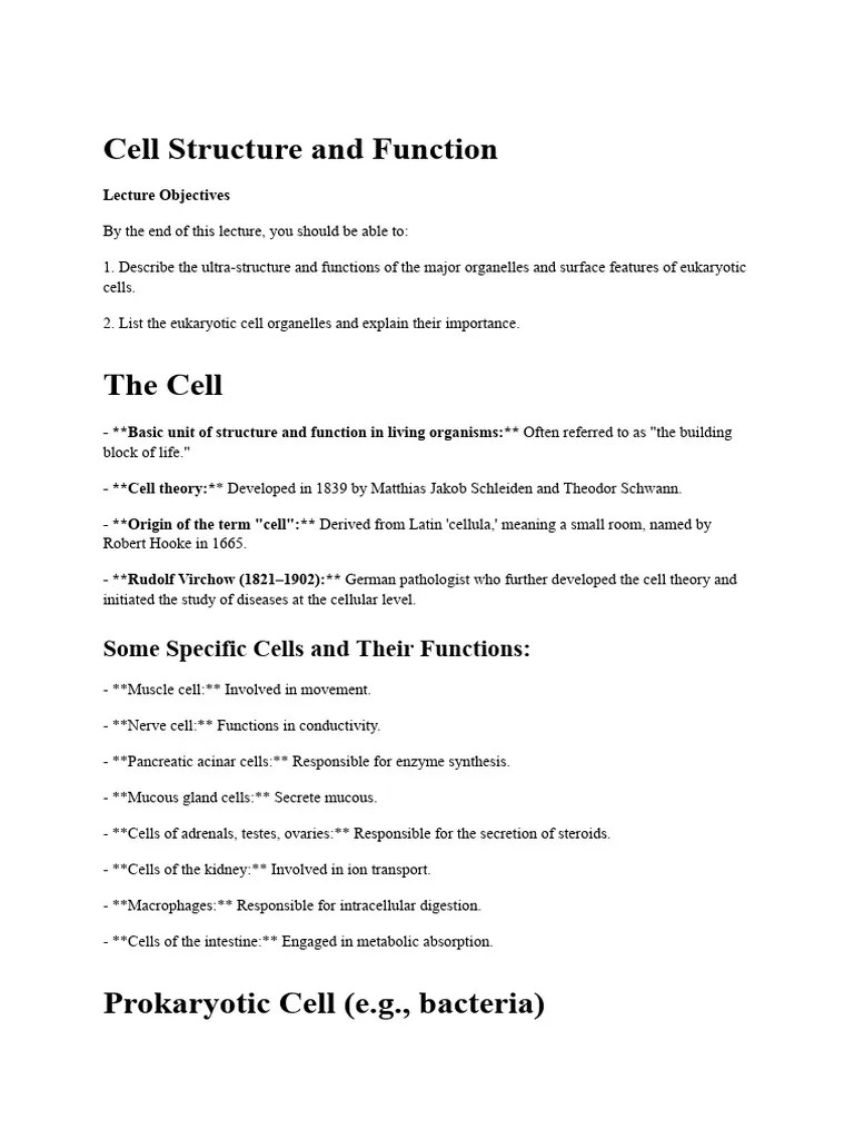 Cell Structure And Function Lecture Notes | PDF | Cell (Biology) | Endoplasmic Reticulum