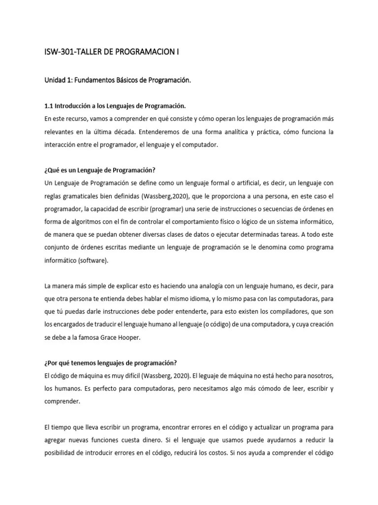 Isw-301 U1 Taller De Programacion I | PDF | Lenguaje De Programación ...