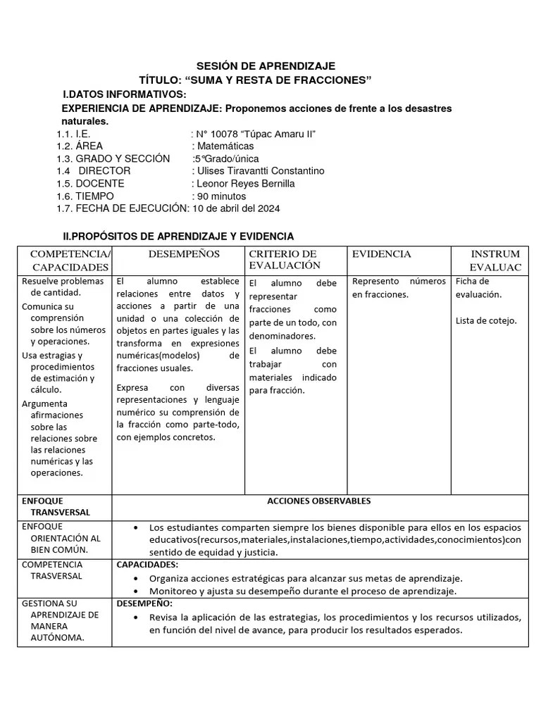 10-04 S.A Suma Y Resta De Fracciones | PDF | Maestros | Evaluación