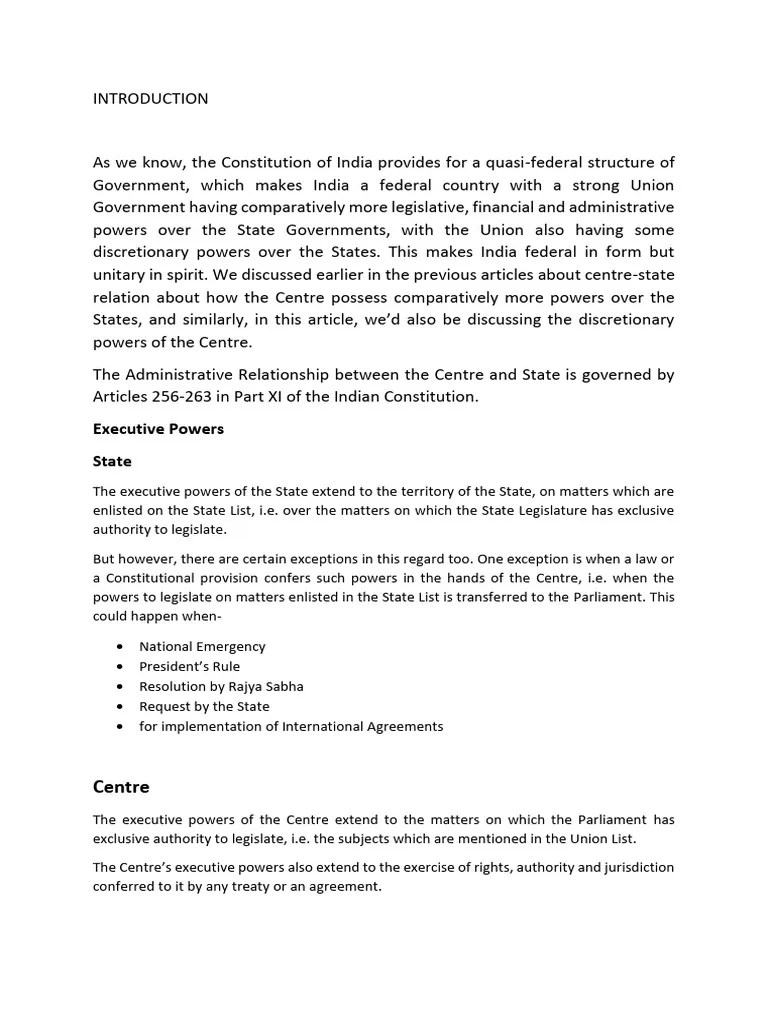 Administrative Relations Between Centre And State | PDF | Public Law | Legal Documents