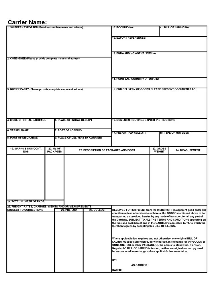 Bill Of Lading (Rellenable) | PDF | Cargo | Bill Of Lading