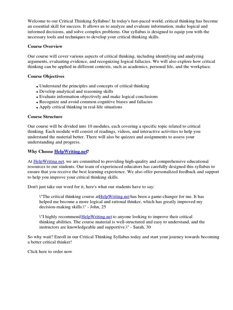 Critical Thinking Syllabus | PDF | Thought | Critical Thinking