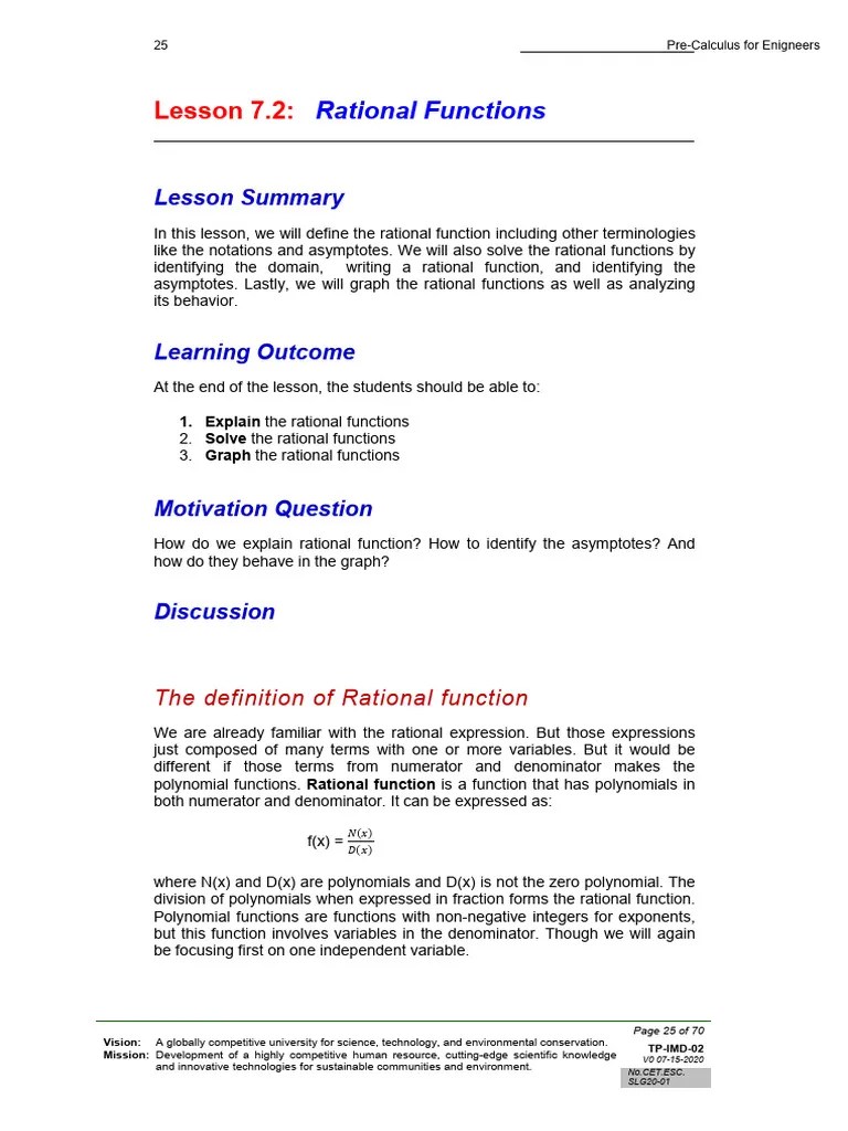 Lesson 7.2 - Rational Functions | PDF | Asymptote | Function (Mathematics)