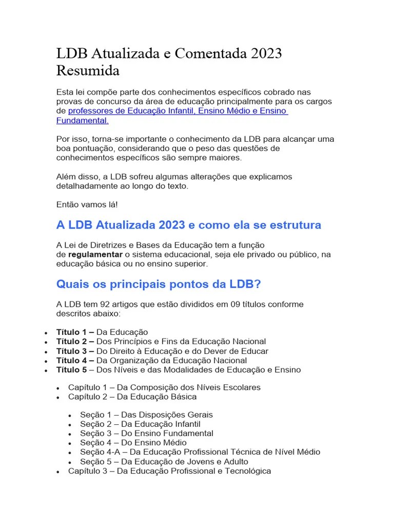 Ldb Atualizada E Comentada 2023 Resumida Pdf Pré Escola Educação