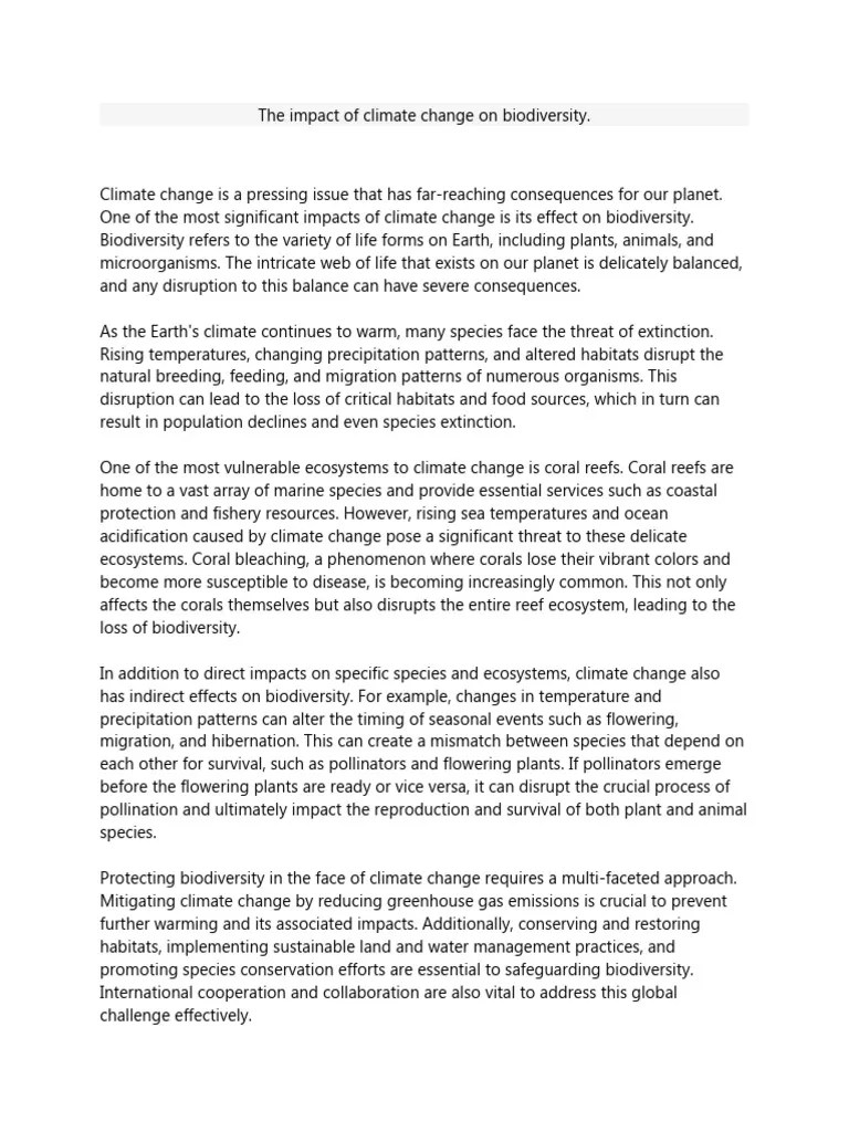 The Impact Of Climate Change On Biodiversity | PDF | Climate Change | Biodiversity