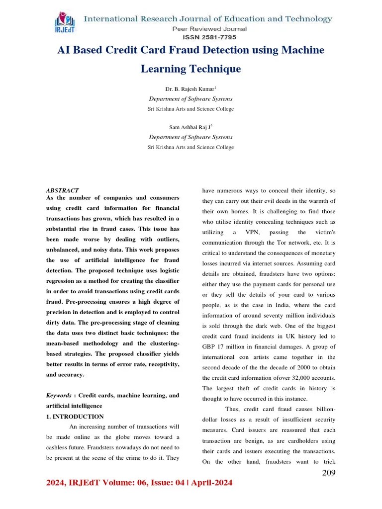 AI Based Credit Card Fraud Detection Using Machine Learning Technique ...