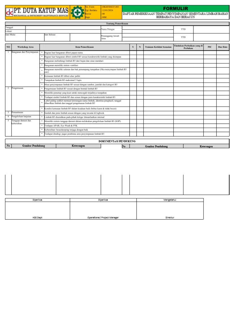 DKM-HSE-F-003-Formulir Daftar Pemeriksaan TPS Limbah B3 | PDF