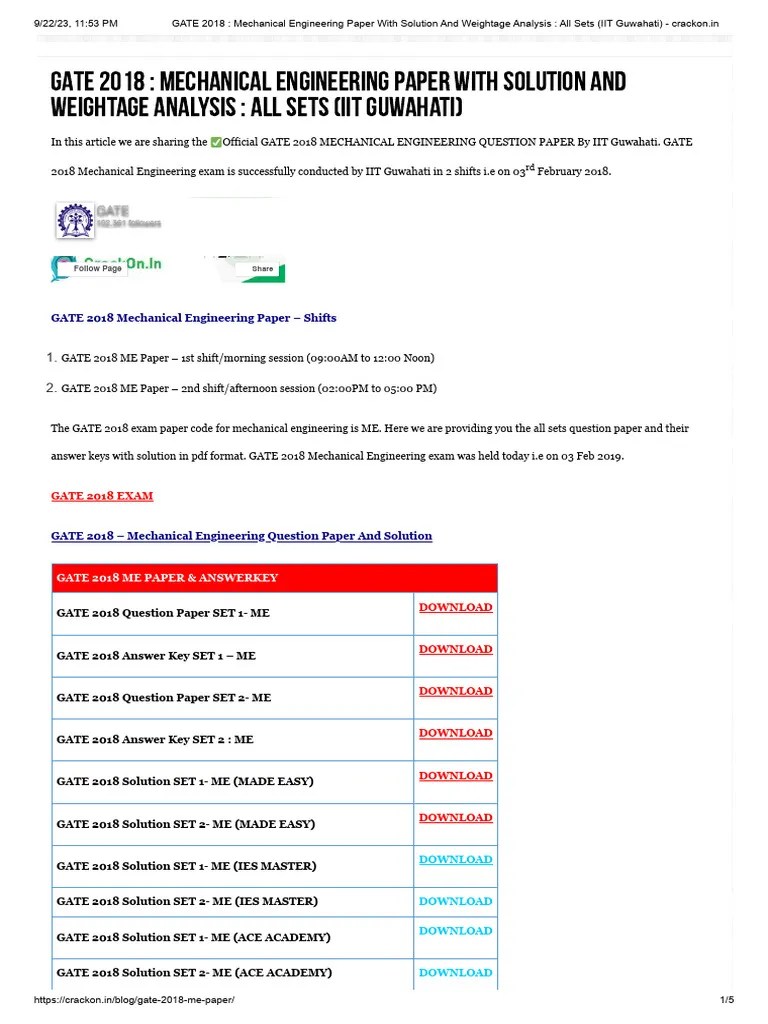 GATE 2018 - Mechanical Engineering Paper With Solution And Weightage ...
