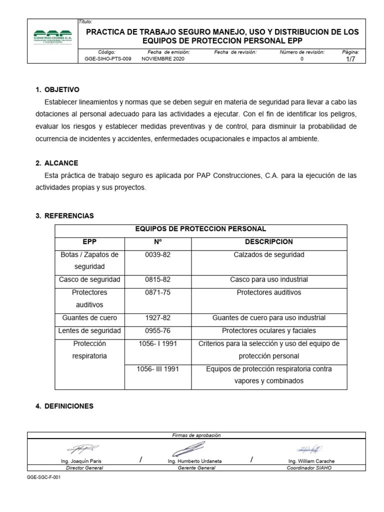 Gge-Siho-Pts-009 Manejo, Uso Y Distribucion De Los Equipos De Proteccion Personal Epp | PDF ...