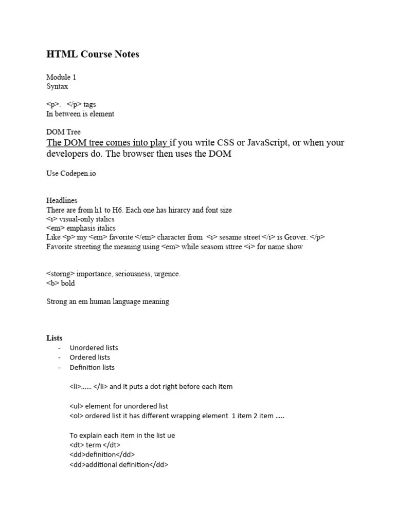 HTML Course Notes | PDF | Html Element | Html