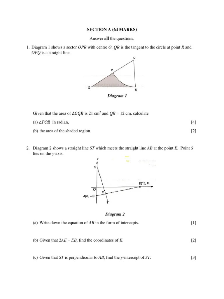 2021 SPM Trial 1 A Maths (P1) | PDF | Line (Geometry) | Area