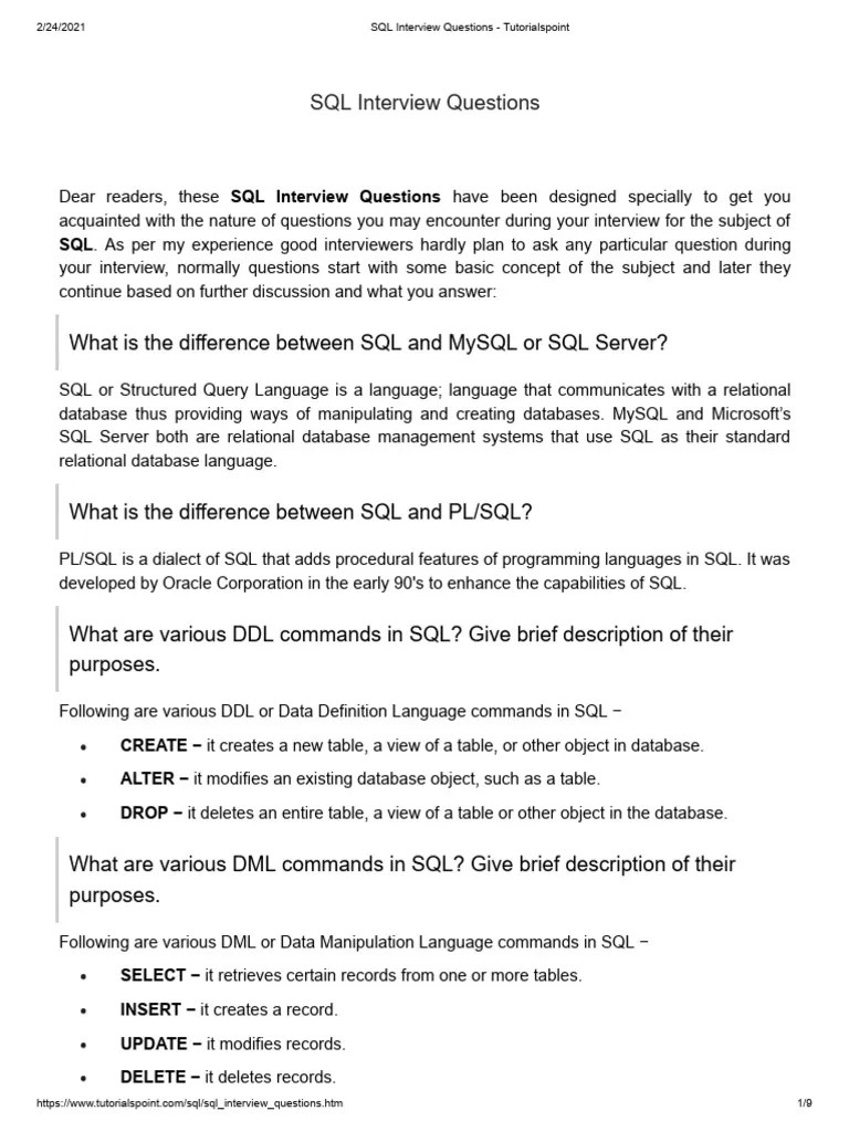 SQL Interview Questions - Tutorialspoint | PDF | Sql | Table (Database)