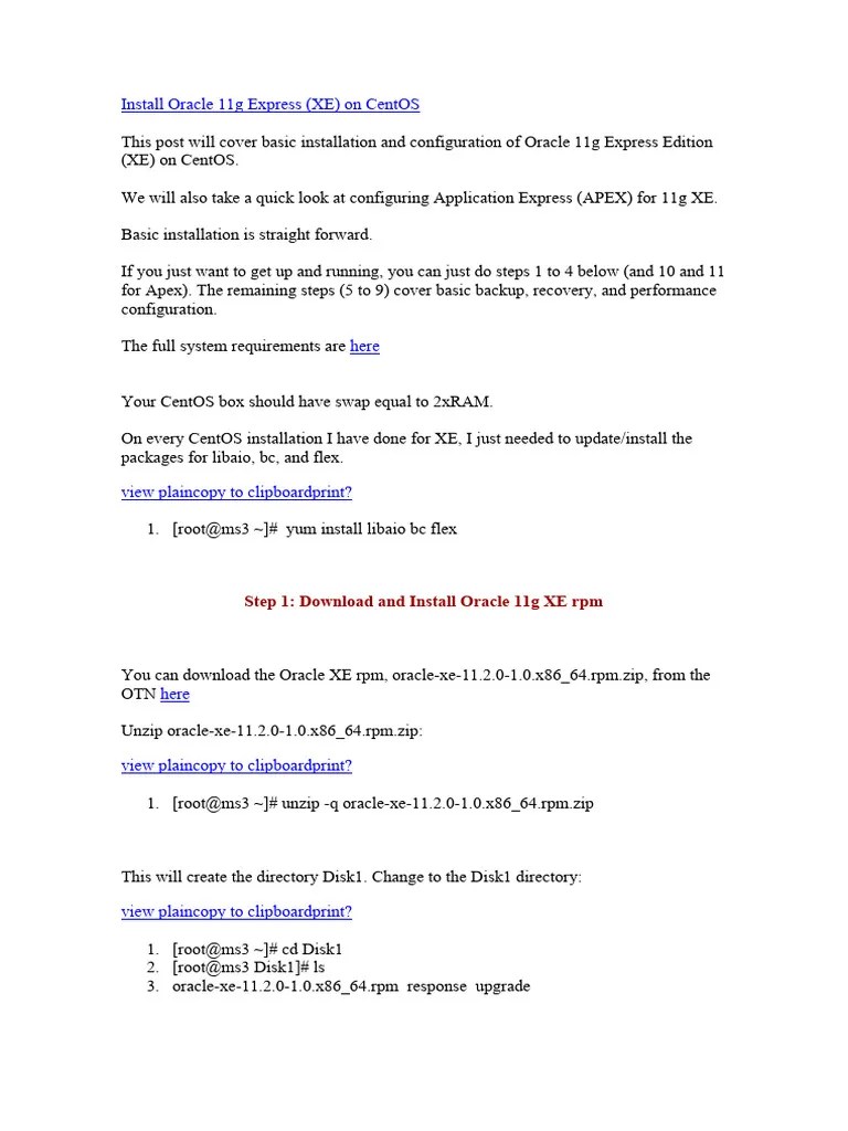 Install Oracle 11g Express Centos | PDF | System Software | Computing