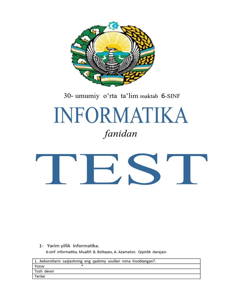 6 Sinf Informatika Testlar | PDF