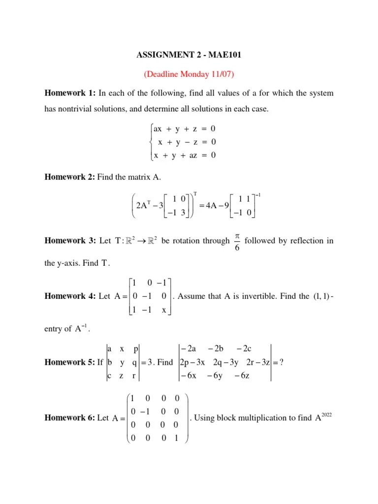 Assignment2 - Mae 101 | PDF | Matrix (Mathematics) | Eigenvalues And Eigenvectors