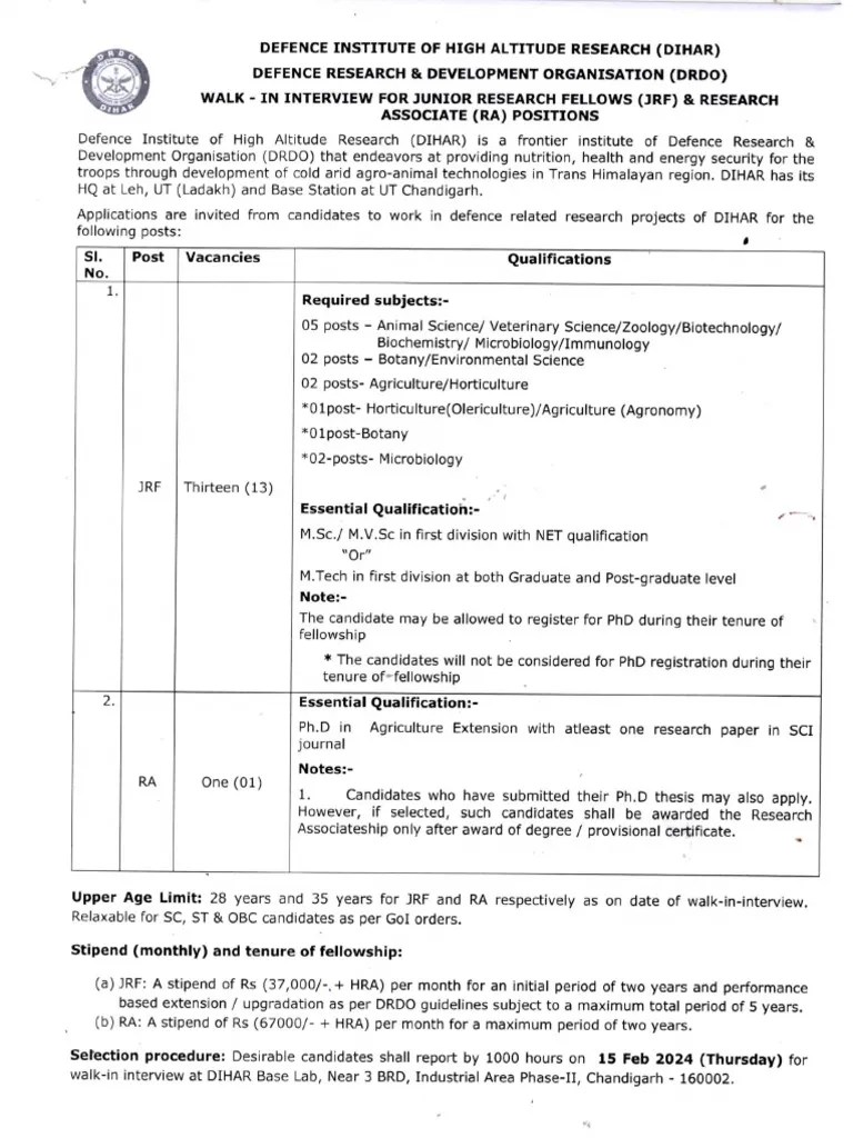 DRDO Recruitment 2024 Jrf | PDF
