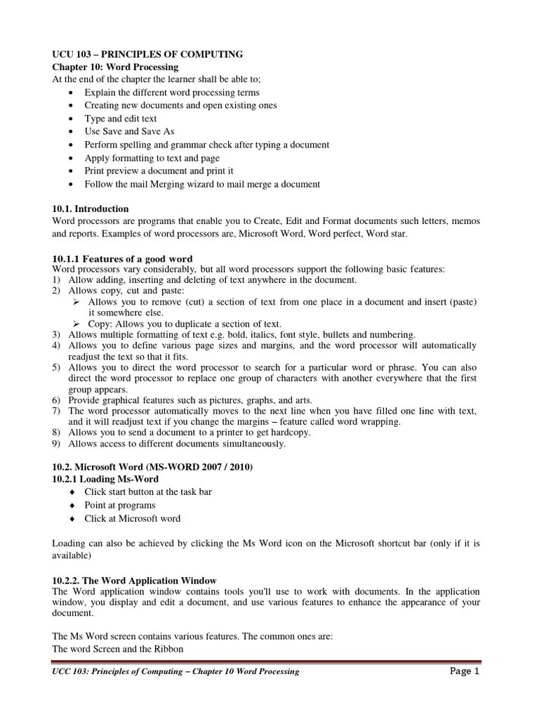UCC 103 Chapter 10 - Word Processing Application | PDF | Microsoft Word ...