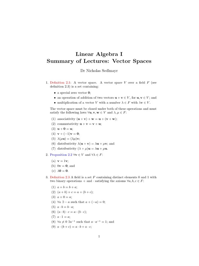 Summary Of Lectures 02 Vector Spaces | PDF | Basis (Linear Algebra ...