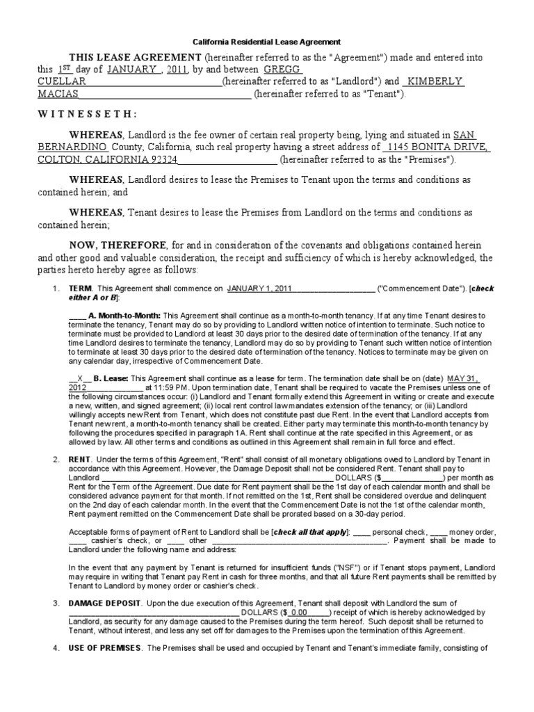 ca residential lease agreement 05112011 leasehold estate