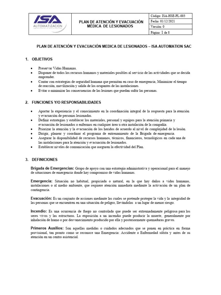 ISA-HSE-PL-003 - Plan De Primeros Auxilios Y Evacuación De Lesionados ...
