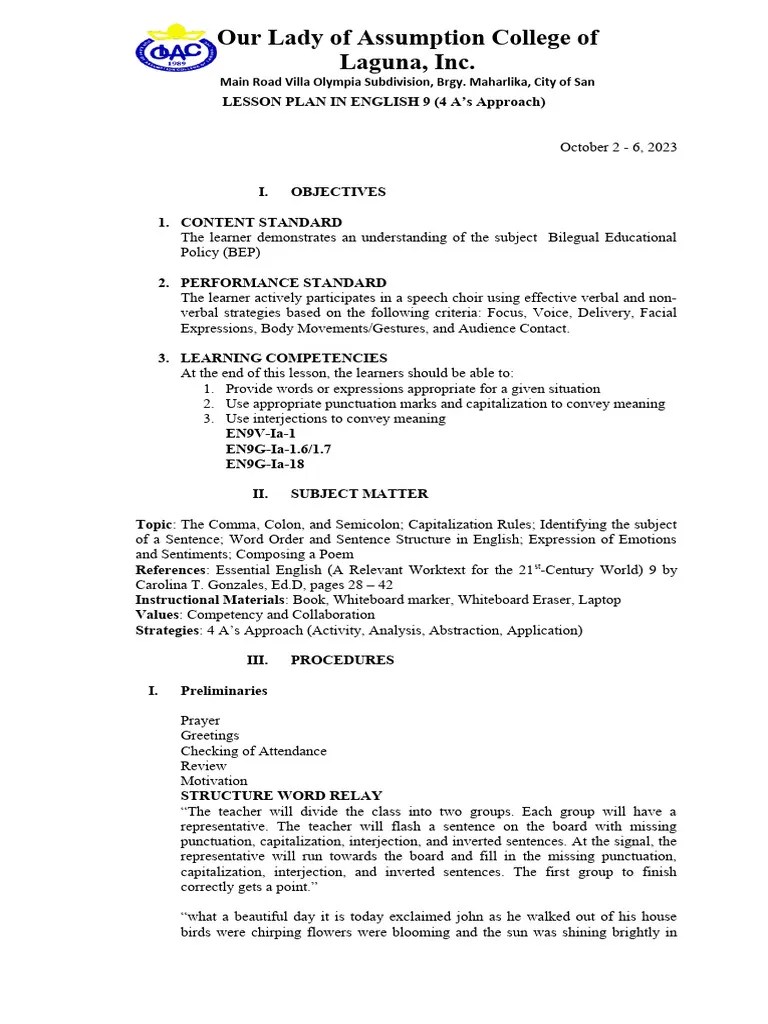 Sample 4as Lesson Plan | PDF | Punctuation | Poetry