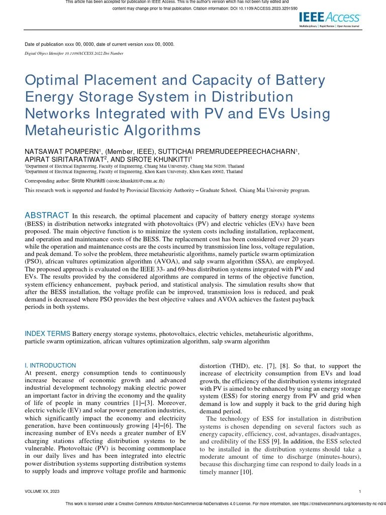 Optimal Placement And Capacity Of Battery Energy Storage System In Distribution Networks ...