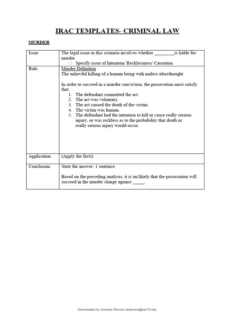 IRAC-criminal-law - Murder Template | PDF | Manslaughter | Murder