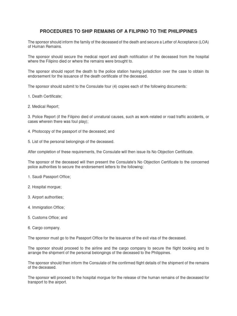 Procedures To Ship Remains of A Filipino To The Philippines  PDF ...
