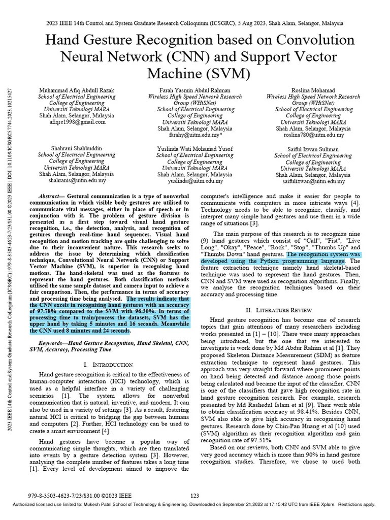 Hand Gesture Recognition Based On Convolution Neural Network CNN And Support Vector Machine SVM ...