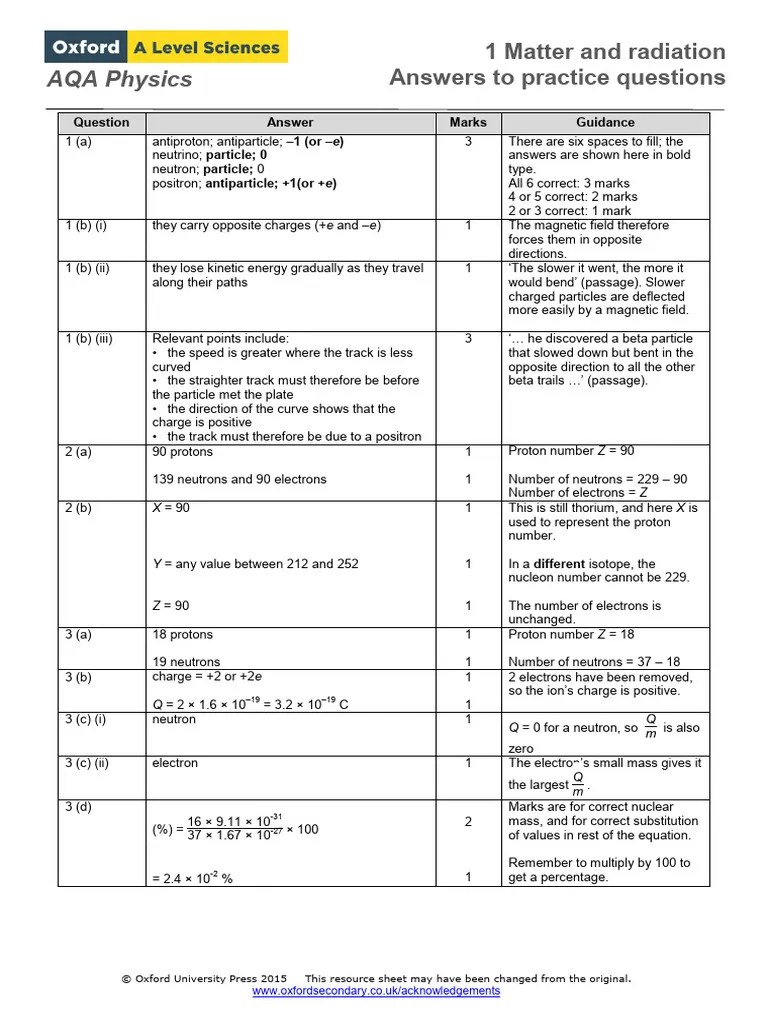AQA AS Physics 1 Practice Question Answers | PDF | Neutron | Atomic Nucleus