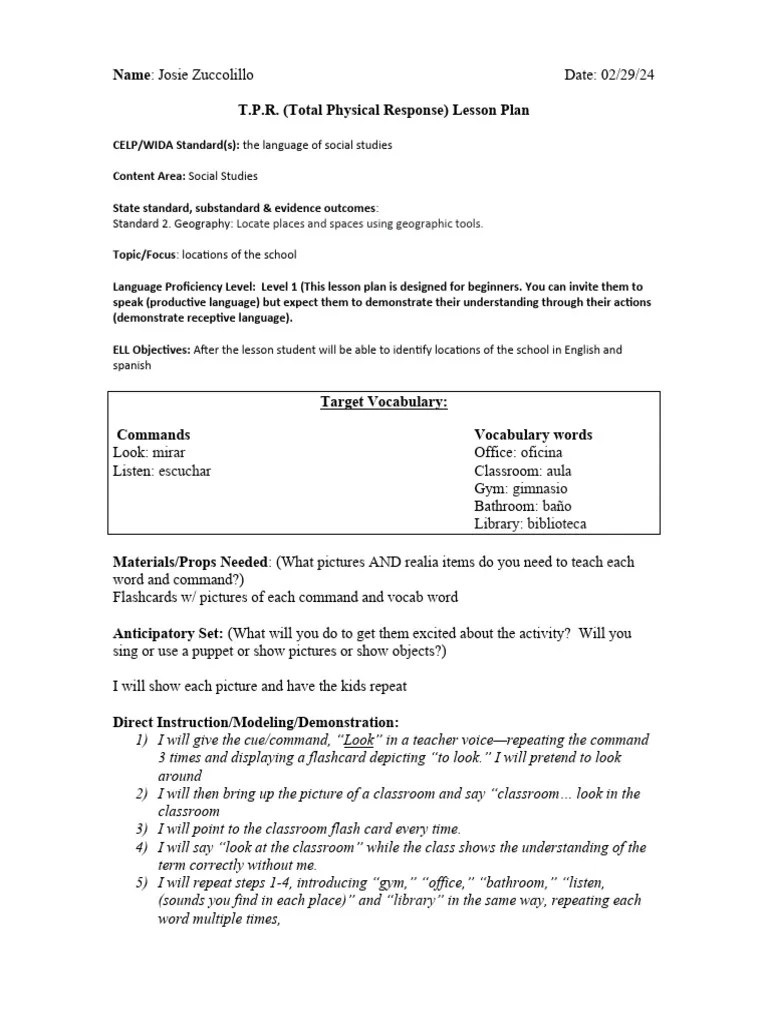 Tpr Lesson Template Current Pdf Vocabulary Human Communication