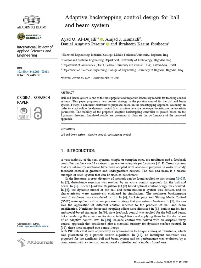 Adaptive Backstepping Control Design For Ball And | PDF | Control ...