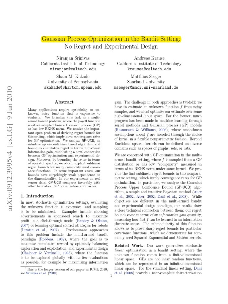 Gaussian Process Optimization In The Bandit Setting | PDF ...
