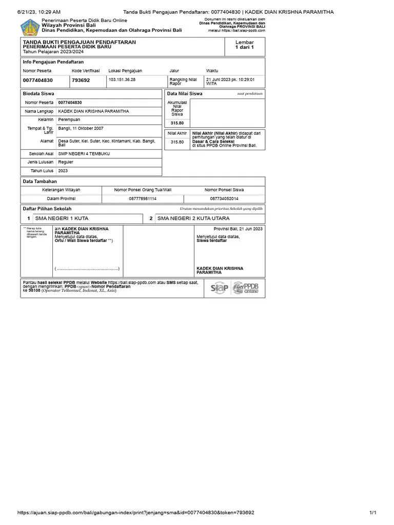 Tanda Bukti Pengajuan Pendaftaran - 0077404830 - KADEK DIAN KRISHNA PARAMITHA | PDF