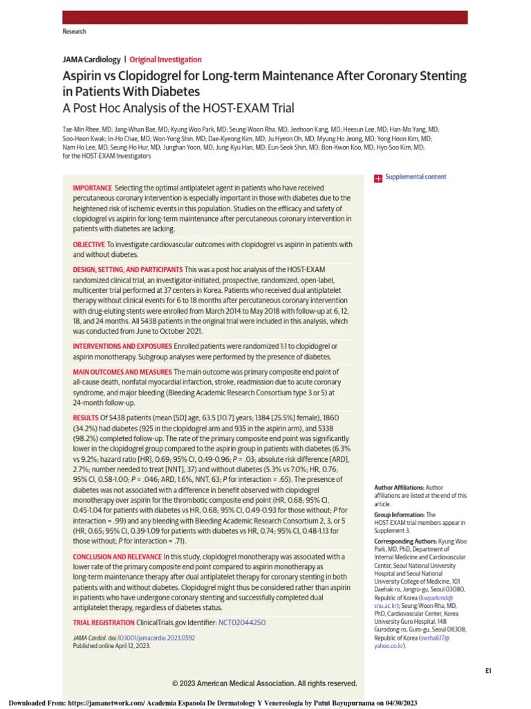 2023 Kardio Aspirin Vs Clopidogrel For Long Term Maintenance After | PDF | Percutaneous Coronary ...
