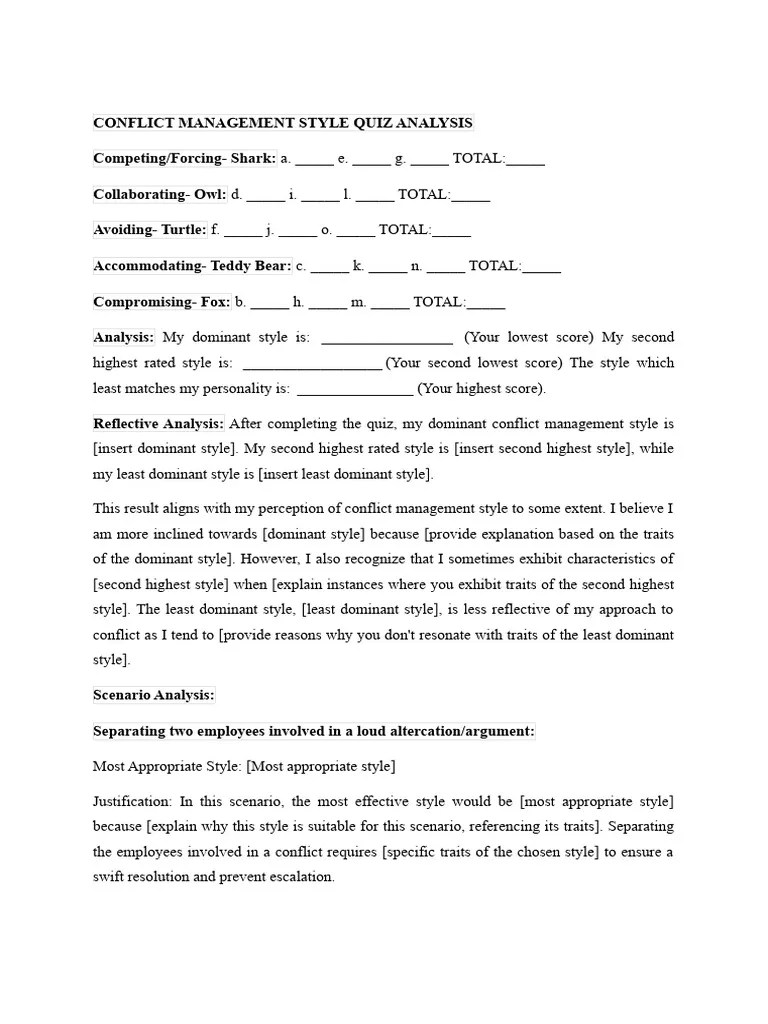Conflict Management Style Quiz Analysis | PDF | Psychology ...
