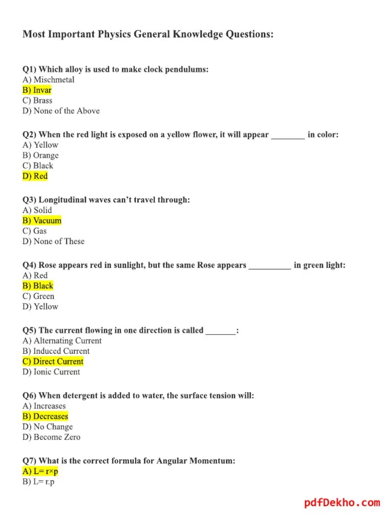 Most Important Physics GK Questions And Answers 26 Pdfdekho | PDF
