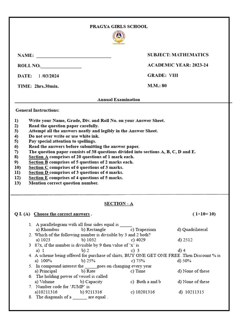 Pgs Class 8 Maths Annual Exam Final Paper - Docx 6 Feb | PDF | Area ...