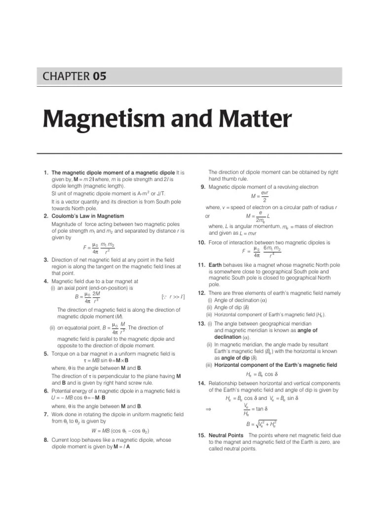 Magnetism And Matter Class 12 Short Notes | PDF | Magnetic Field ...