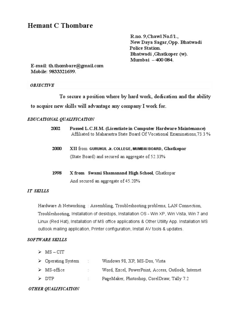 Hardware & Networking Resume | Operating System | Microsoft Office