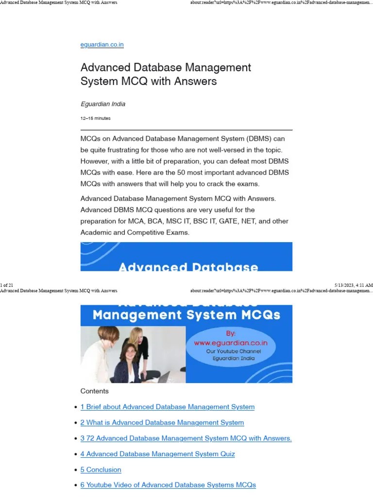 Advanced Database Management System MCQ With Answers - 071802 | PDF | Databases | Relational Model
