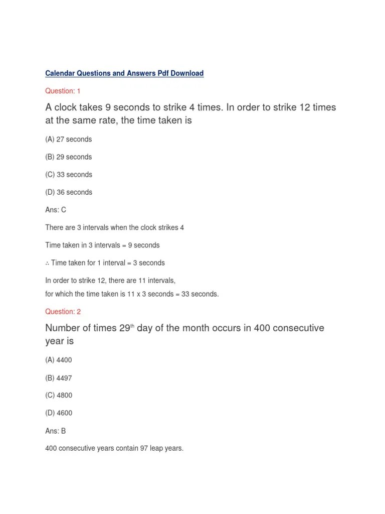 Calendar Aptitude Questions Answers | PDF